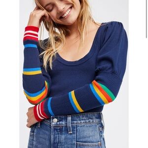 Free People Navy Sweater with Multicolor Stripes
